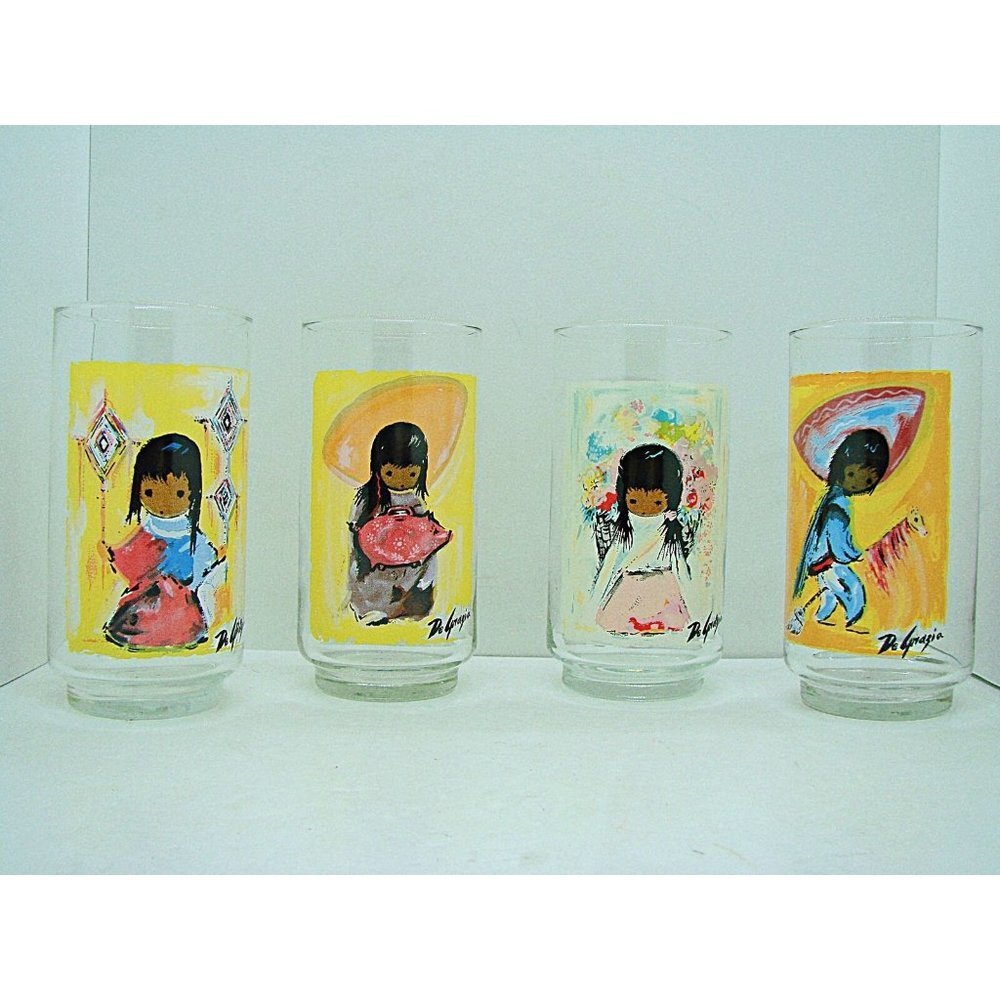 Set 4 Hand Painted DeGrazia Children Of The American Southwest Drinking Glasses